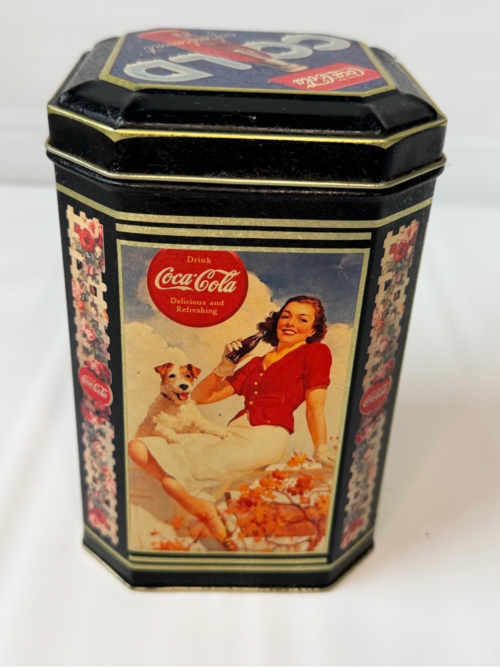 Coca Cola Black Tin with Red and Cream Vintage Illustration